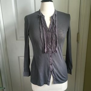 J Crew Ruffle Front Button Down Top Gray